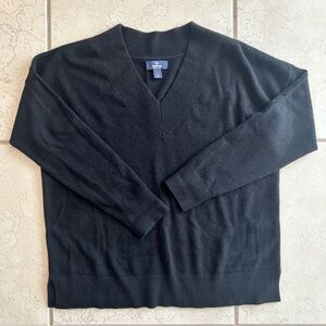 Lands End Sweater Womens L Black Solid V-Neck 100% Cashmere Soft